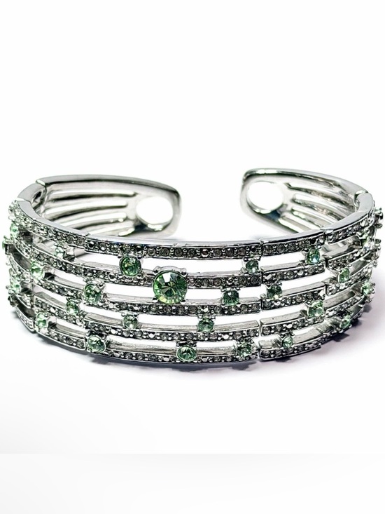 Monet Jewelry - Monet Silver Tone Green Rhinestone Bracelet Wide Cuff Pave❗️1 Stone Missing
